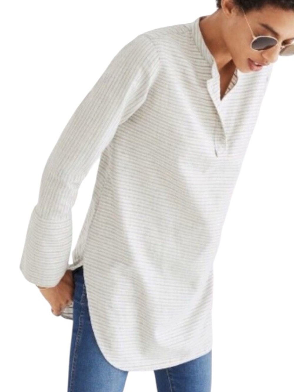Madewell Light Gray Striped Long-Sleeve Side Split Round Hem Henley Tunic